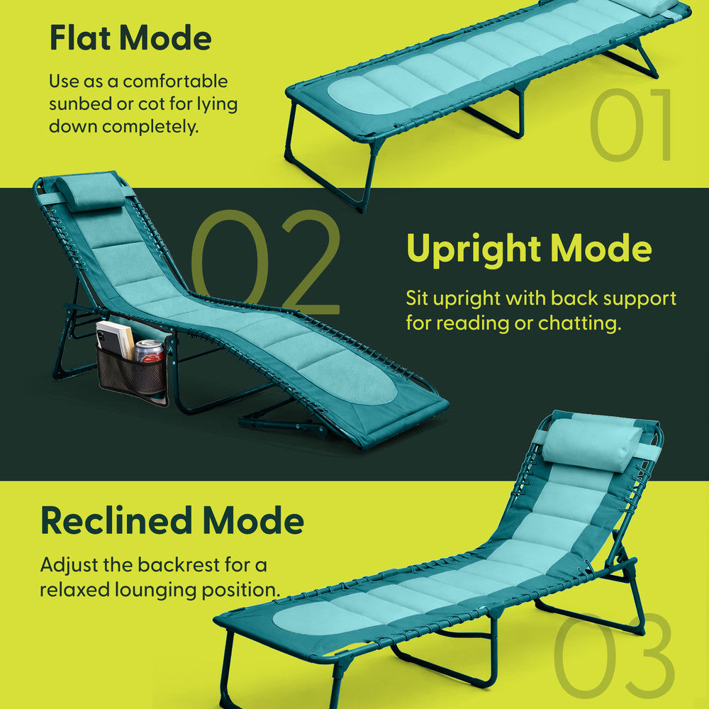 Teal Padded Folding Sun Lounger with Pillow – 110kg Capacity Outdoor Garden Recliner UK