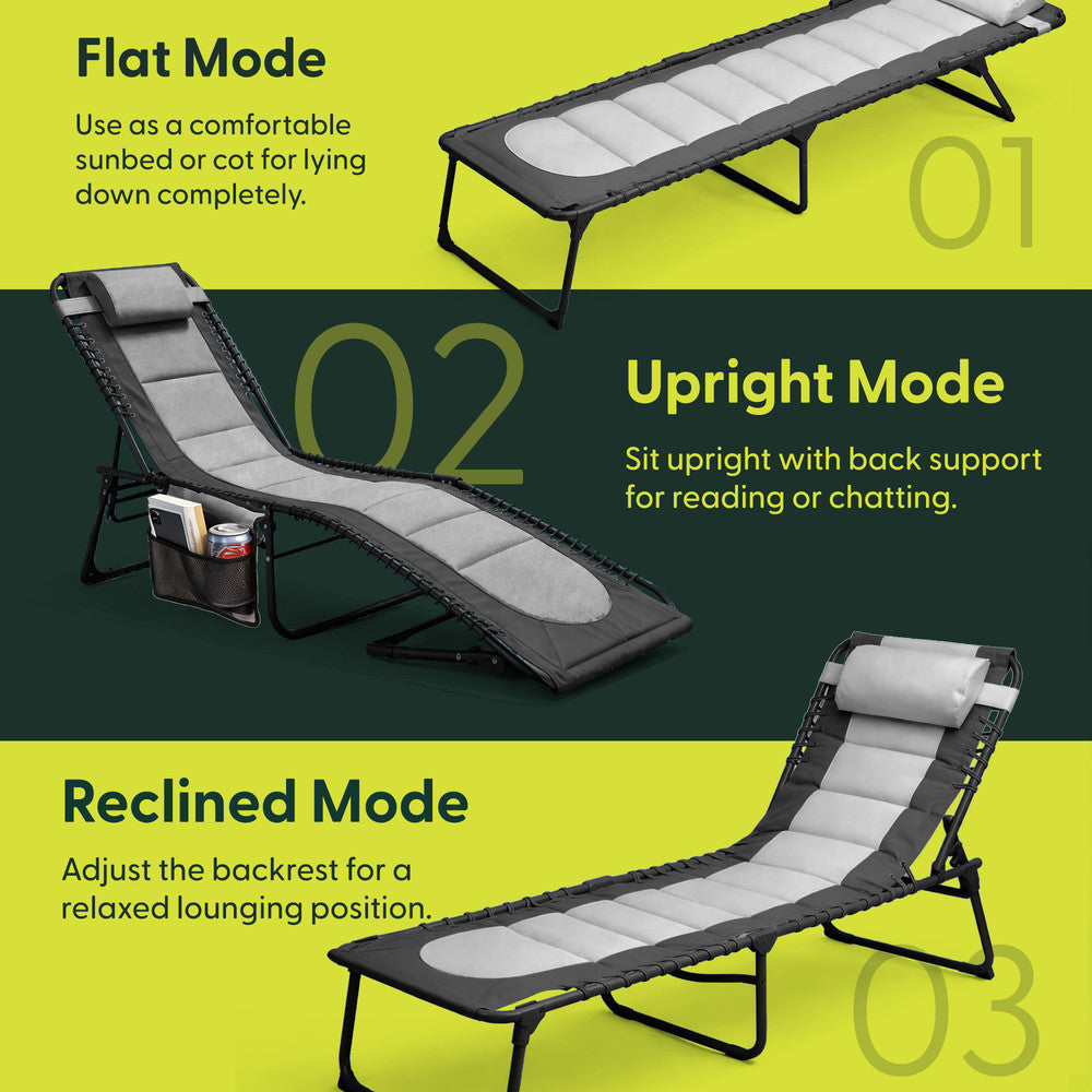 KEPLIN Foldable Sun Lounger Chair - Outdoor Garden Recliner with Color Block Design, 4 Position Adjustable Backrest, Padded 600D Oxford Fabric, Portable Patio Camping Deck Chair 110kg