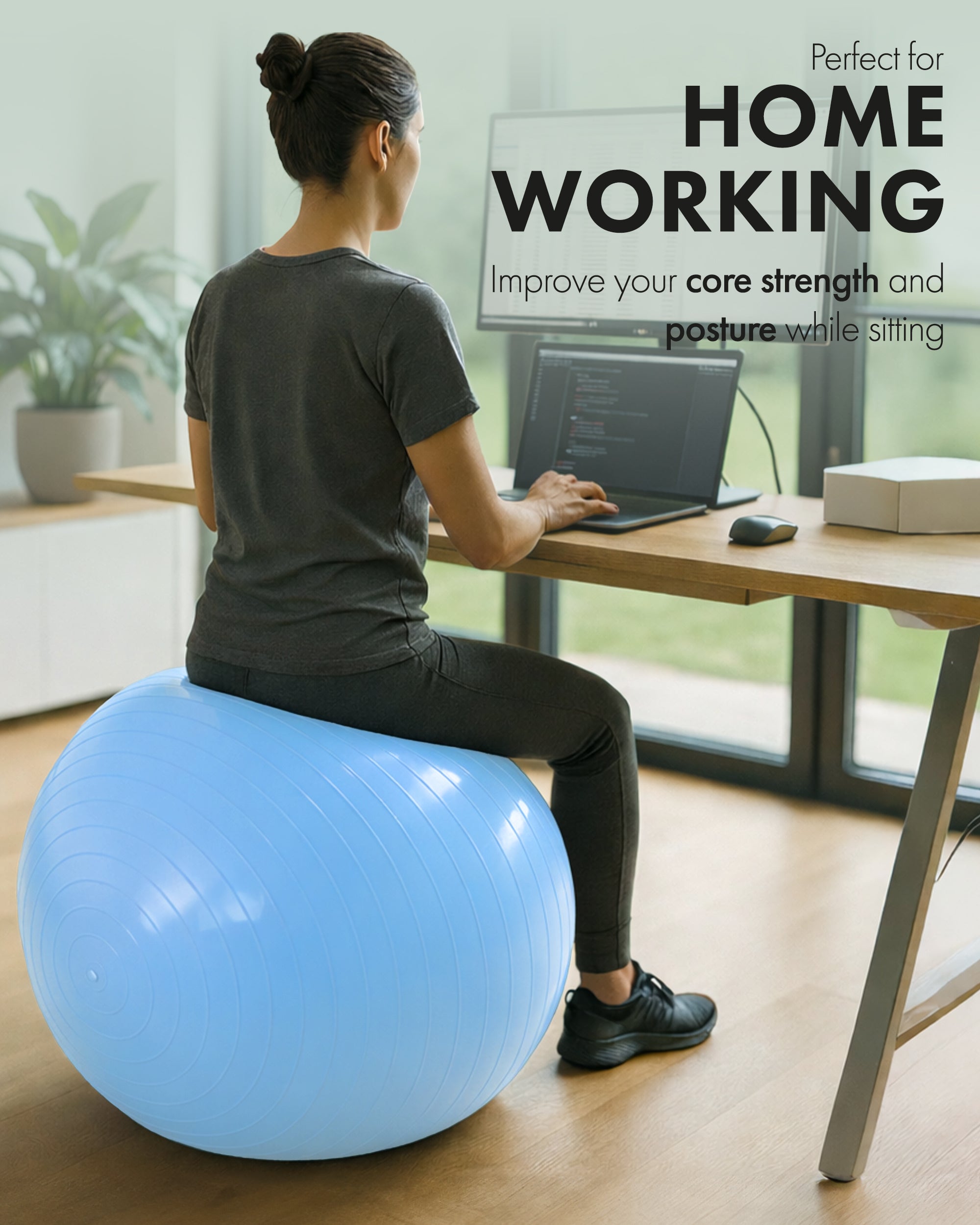 KAYMAN Exercise Ball - Anti-Burst System, Non-Slip Rings, Durable Material, Easy to Inflate, Ideal for Yoga, Pilates, Fitness, Balance Training, Gym, and Home Workouts