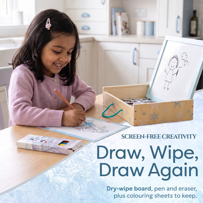 Girl colouring Frozen sheets beside dry-wipe board and pencils - kids drawing and colouring set