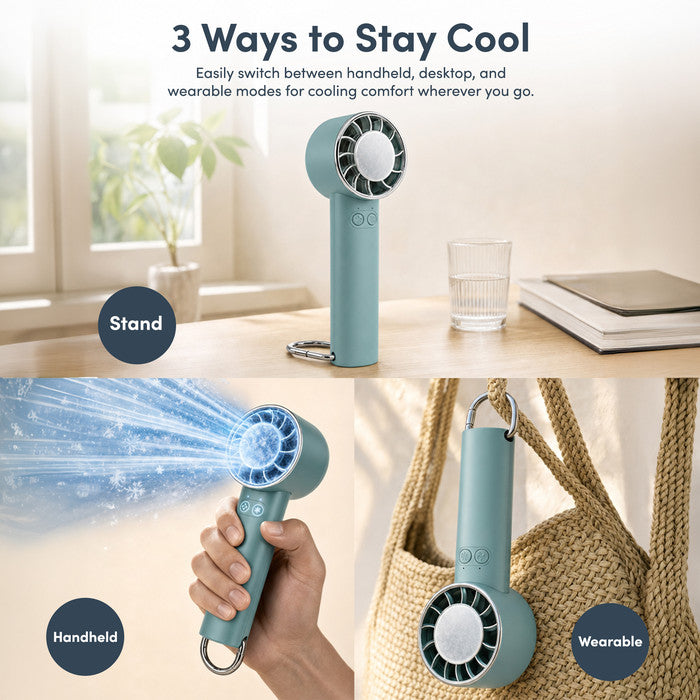 Handheld fan in 3 use modes – on desk, handheld and wearable clip-on