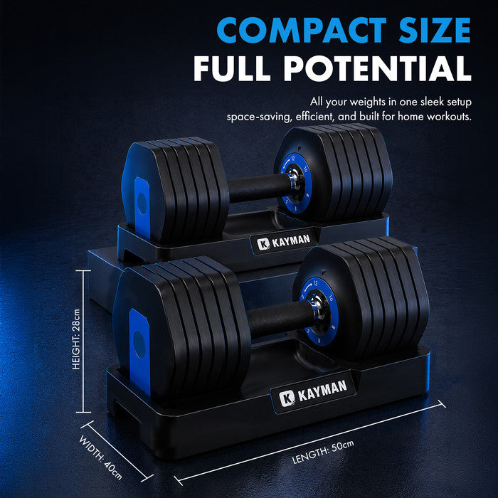 Kayman 24kg Adjustable Dumbbell Set (2x12kg Pair) — 12-in-1 Quick-Dial System with Safety Lock, 6 Weight Levels: 2/4/6/8/10/12kg per Dumbbell, Home Gym Strength Training