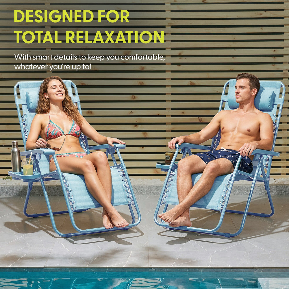 KEPLIN Set of 2 Heavy Duty Monocolour and Basic Textoline Zero Gravity Chairs for Garden Light Reclining Patio Sun loungers Easy to Clean Adjustable Head Rest Foldable with Cup & Phone Holder