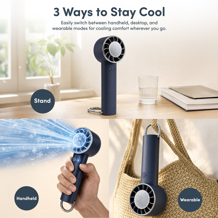Handheld fan in 3 use modes – on desk, handheld and wearable clip-on