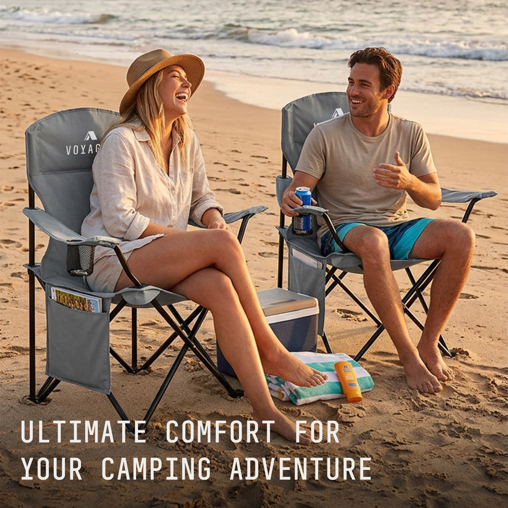 Lightweight grey folding camping chairs 2.7kg – easy to carry from car boot to campsite with shoulder strap