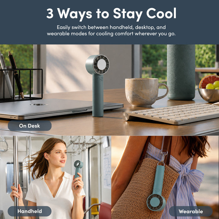 Handheld fan in 3 use modes – on desk, handheld and wearable clip-on
