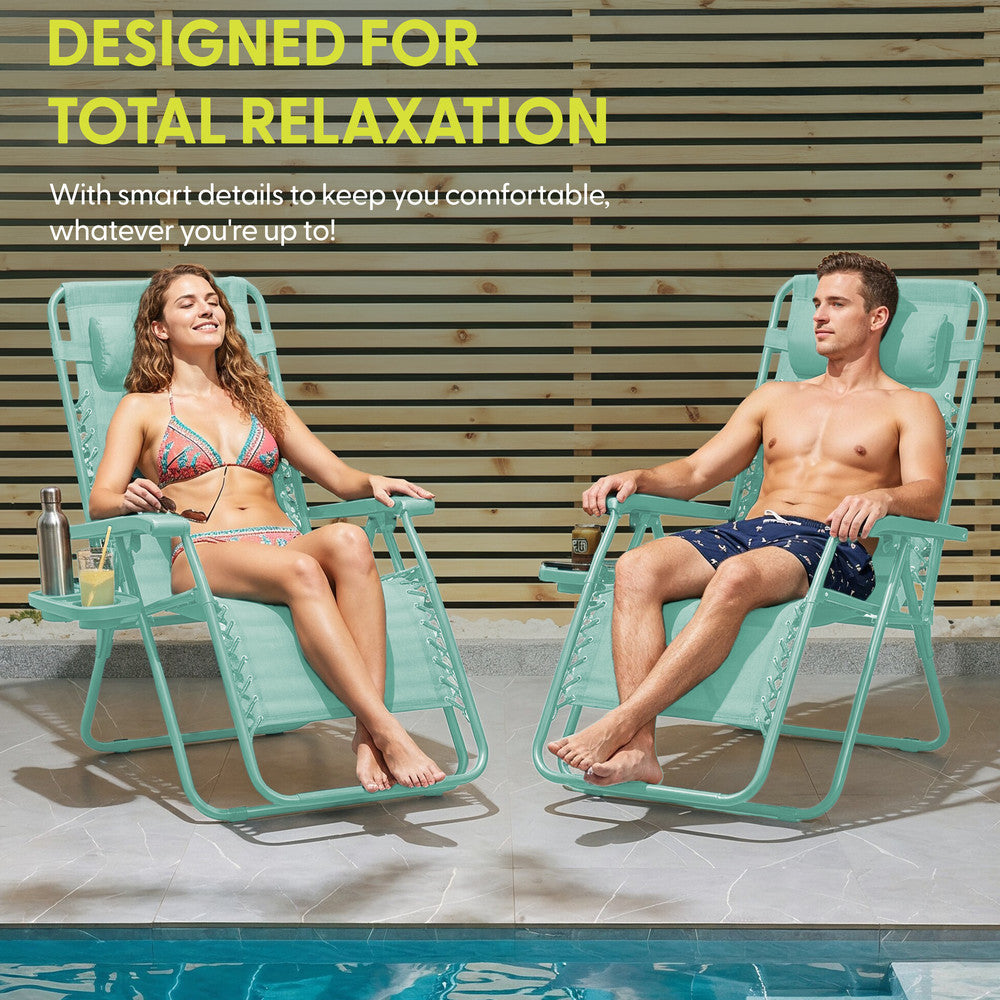 KEPLIN Set of 2 Heavy Duty Monocolour and Basic Textoline Zero Gravity Chairs for Garden Light Reclining Patio Sun loungers Easy to Clean Adjustable Head Rest Foldable with Cup & Phone Holder
