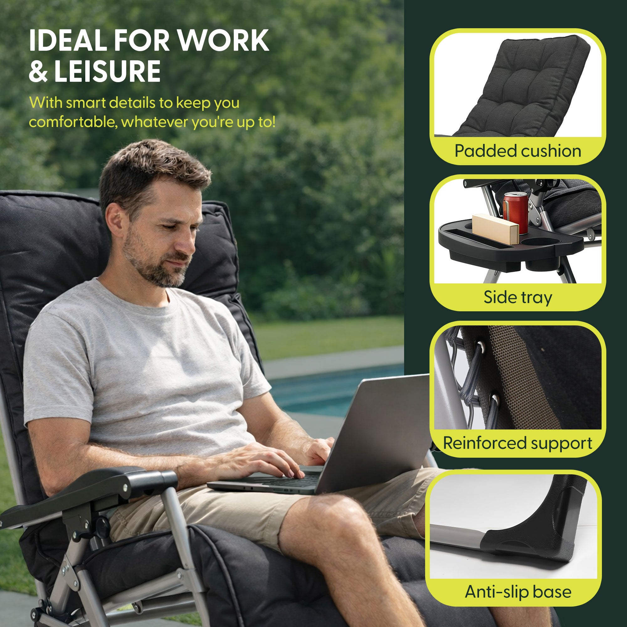 KEPLIN Square Tube Gravity Chair with Cushion – Extra-Wide 72cm Recliner, Adjustable Zero Gravity Lounger, Reinforced Frame, Supports 150kg, Premium Comfort for Indoor & Outdoor Relaxation