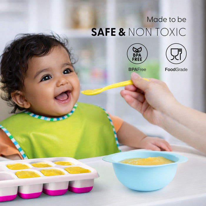 BPA-free food-grade Keplin pink silicone ice cube tray used for baby weaning puree, safe non-toxic freezer mould