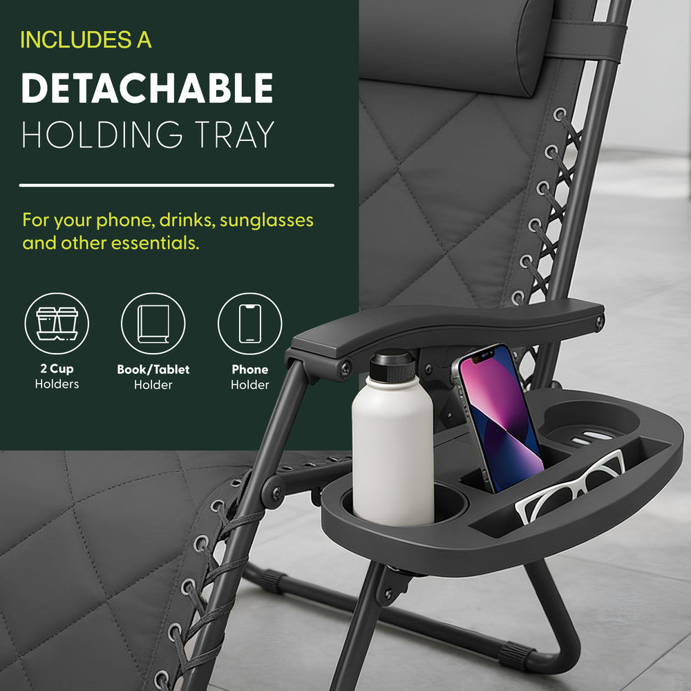 KEPLIN Set of 2 XXL Premium Heavy Duty Quilted Zero Gravity Chairs - Luxurious Garden Recliners, Adjustable Headrest, Cup & Phone Holder, Foldable, Easy to Clean Patio Sun Loungers