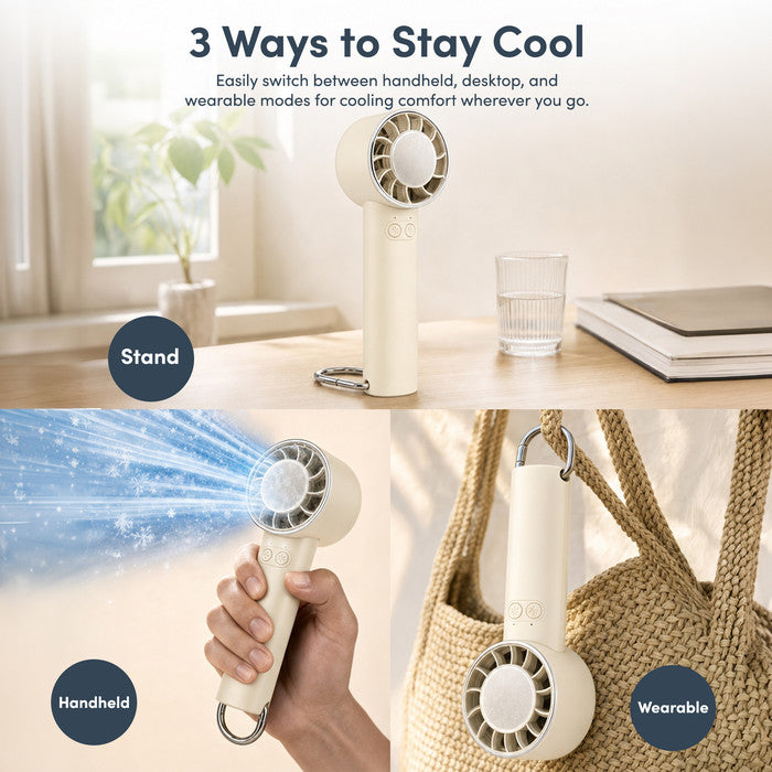 Handheld fan in 3 use modes – on desk, handheld and wearable clip-on