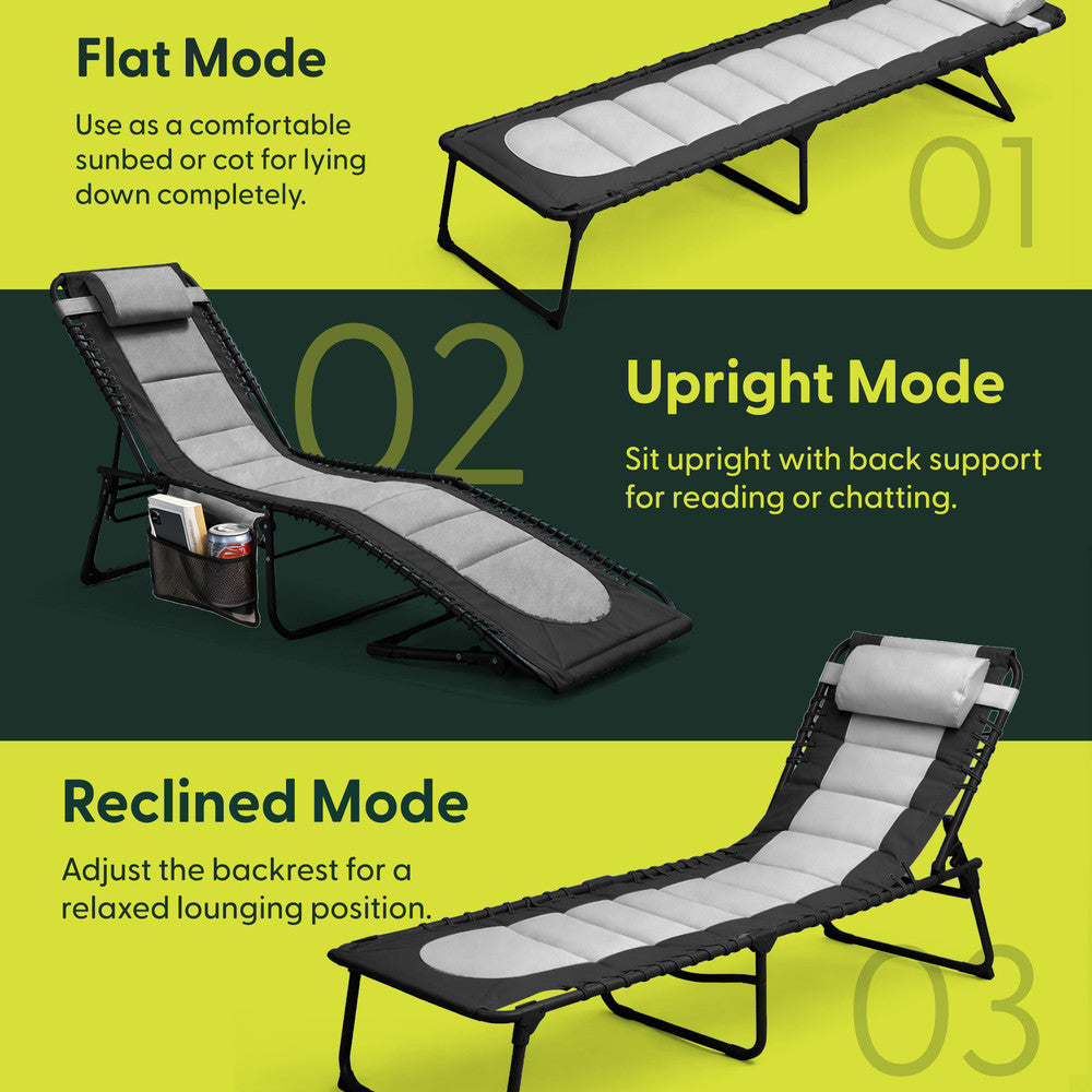 Charcoal Padded Folding Sun Lounger with Pillow – 110kg Capacity Steel Frame Garden Recliner UK
