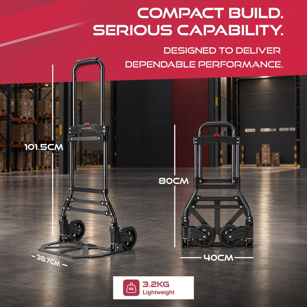 Haltons folding hand truck dimensions: 101.5cm extended height and 80cm folded height and weighing 3.2kg