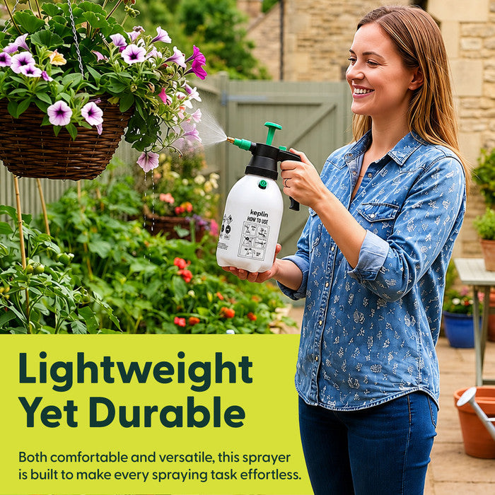 Woman spraying hanging basket of flowers upside down with 2L pump pressure sprayer