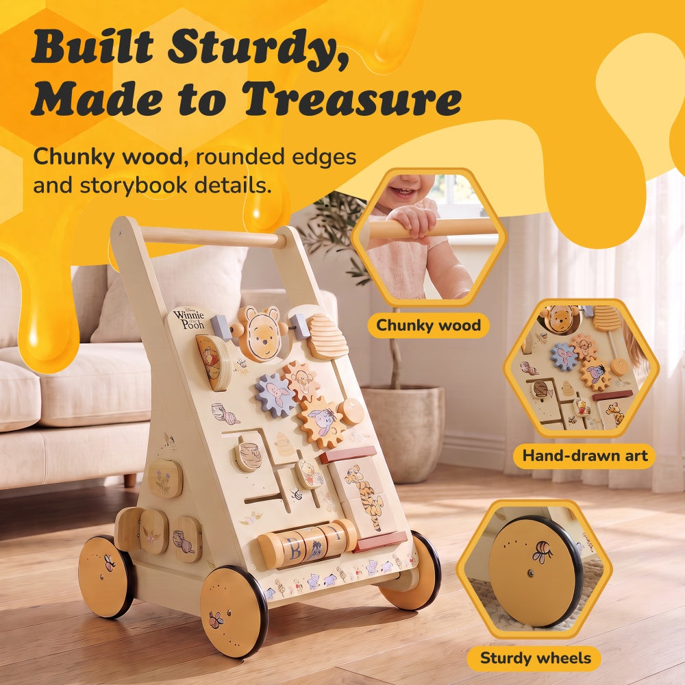 Winnie the Pooh wooden baby walker with chunky wood handle and rounded edges and hand-drawn artwork