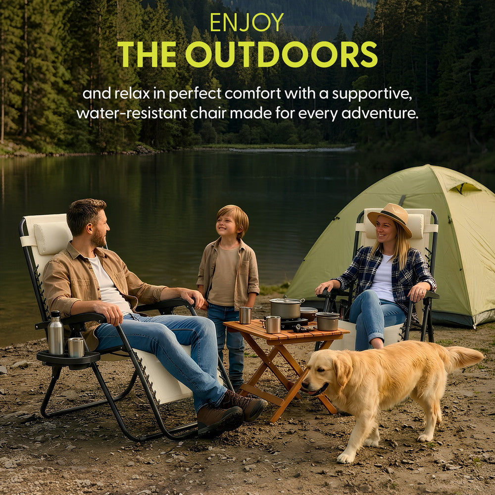 KEPLIN Set of 2 Heavy Duty Monocolour and Basic Textoline Zero Gravity Chairs for Garden Light Reclining Patio Sun loungers Easy to Clean Adjustable Head Rest Foldable with Cup & Phone Holder