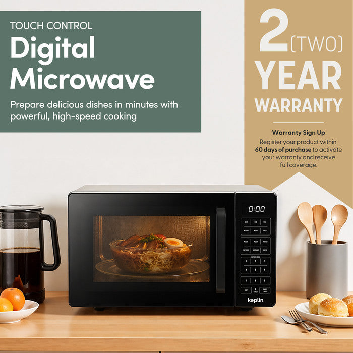 Black digital microwave with touch controls on kitchen counter – 2-year warranty