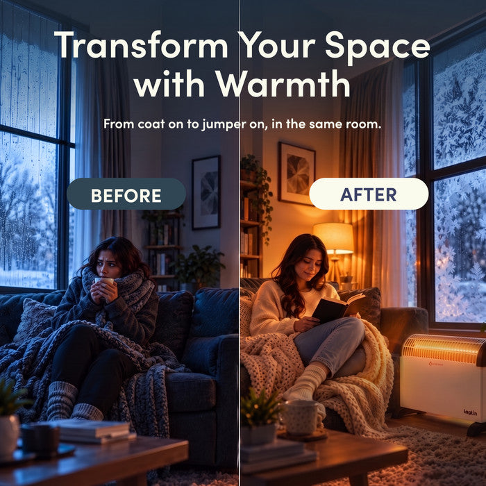 Before and after comparison of cold room versus warm room heated by white convector heater