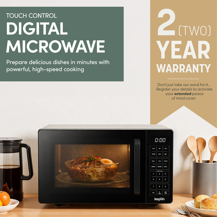 Black digital microwave with touch controls on kitchen counter – 2-year warranty