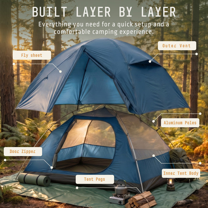 3 man tent construction diagram showing flysheet, aluminium poles, inner tent body