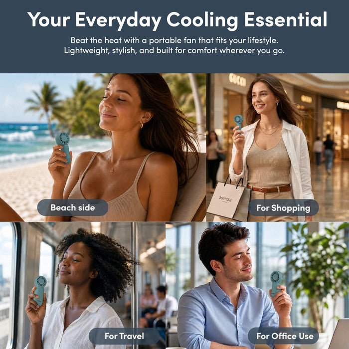 KEPLIN rechargeable mini fan used at beach shopping travel and office – everyday personal cooling fan UK