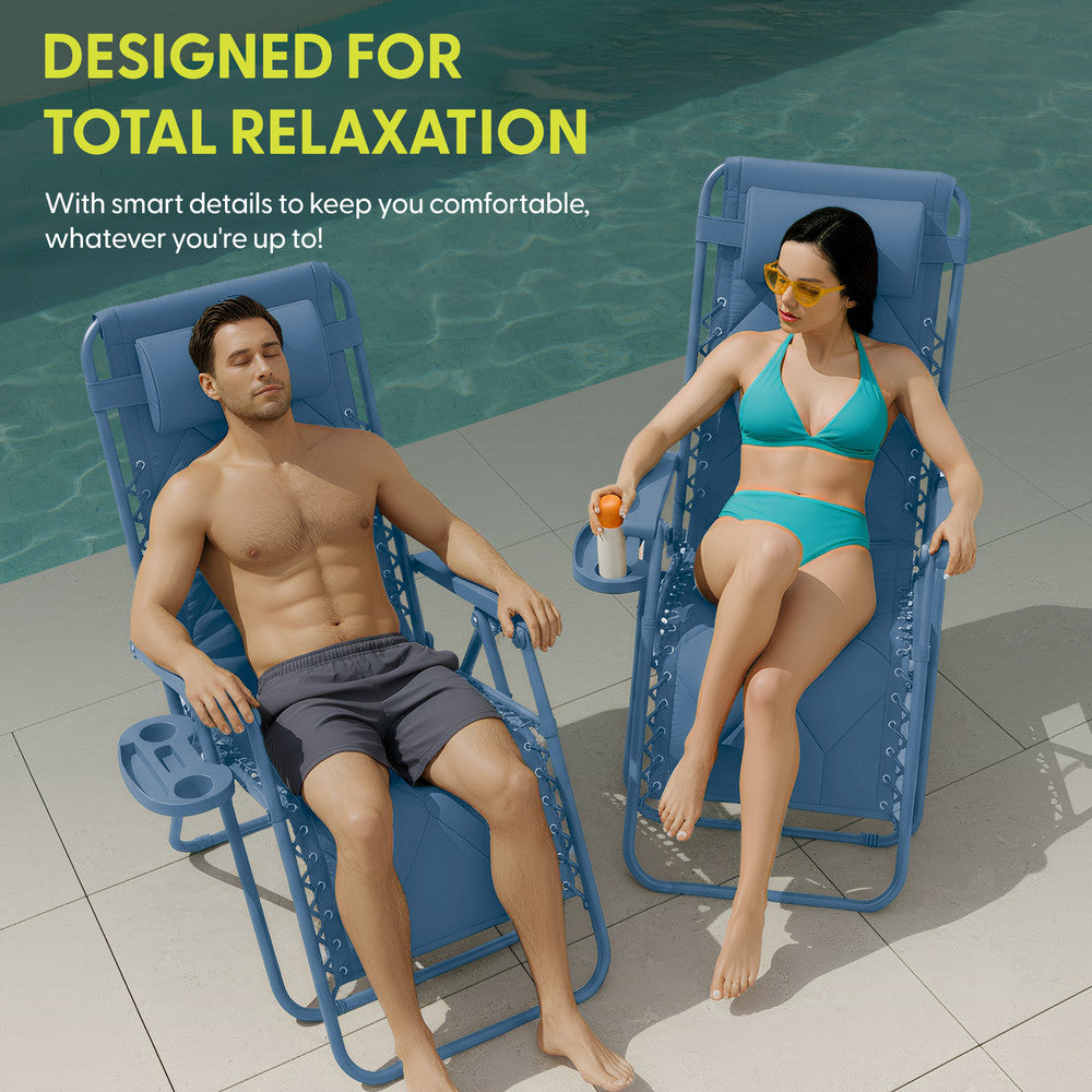 KEPLIN Set of 2 XXL Premium Heavy Duty Quilted Zero Gravity Chairs - Luxurious Garden Recliners, Adjustable Headrest, Cup & Phone Holder, Foldable, Easy to Clean Patio Sun Loungers