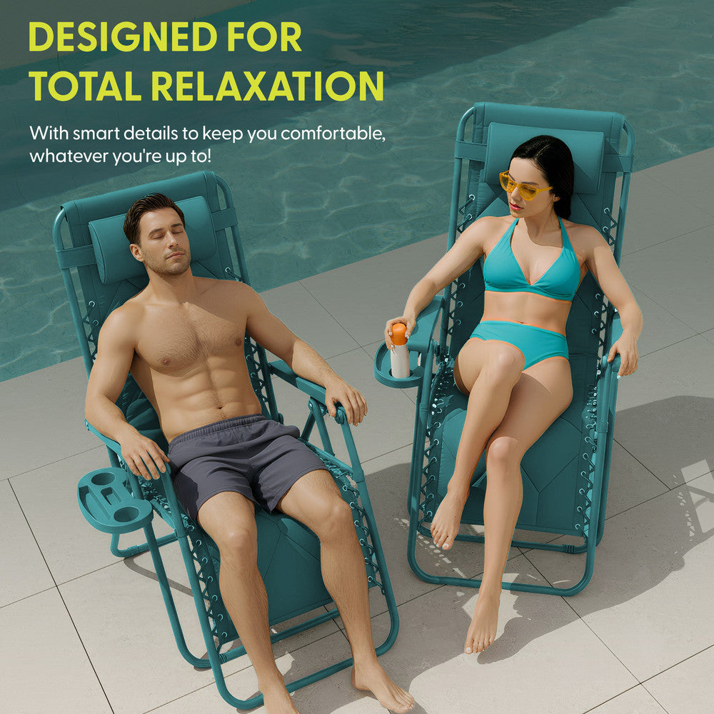 KEPLIN Set of 2 XXL Premium Heavy Duty Quilted Zero Gravity Chairs - Luxurious Garden Recliners, Adjustable Headrest, Cup & Phone Holder, Foldable, Easy to Clean Patio Sun Loungers