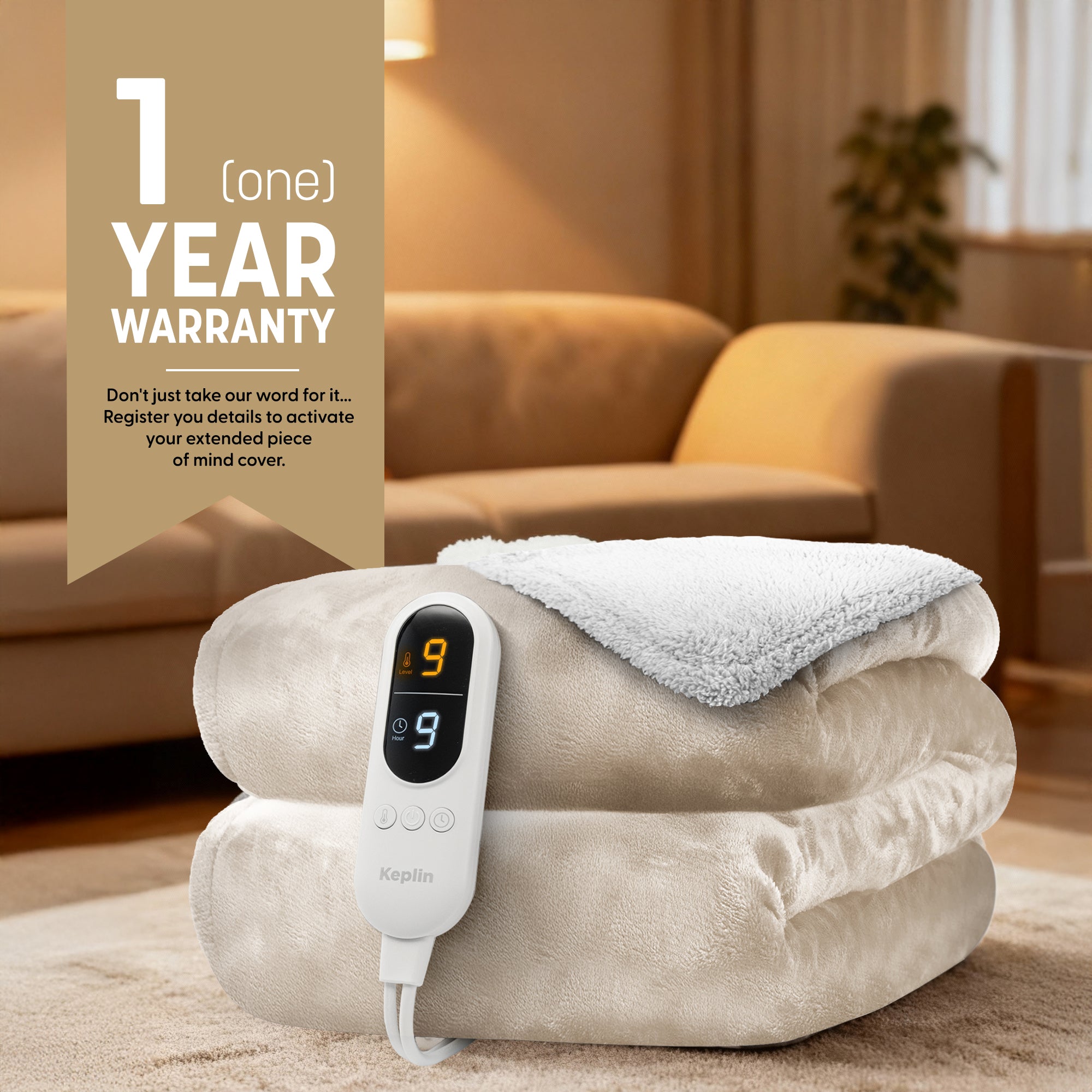 Electric Heated Throw Blanket - Machine Washable Fleece Wool Duvet, 9 Heat Settings & Timer, 1 Year Warranty