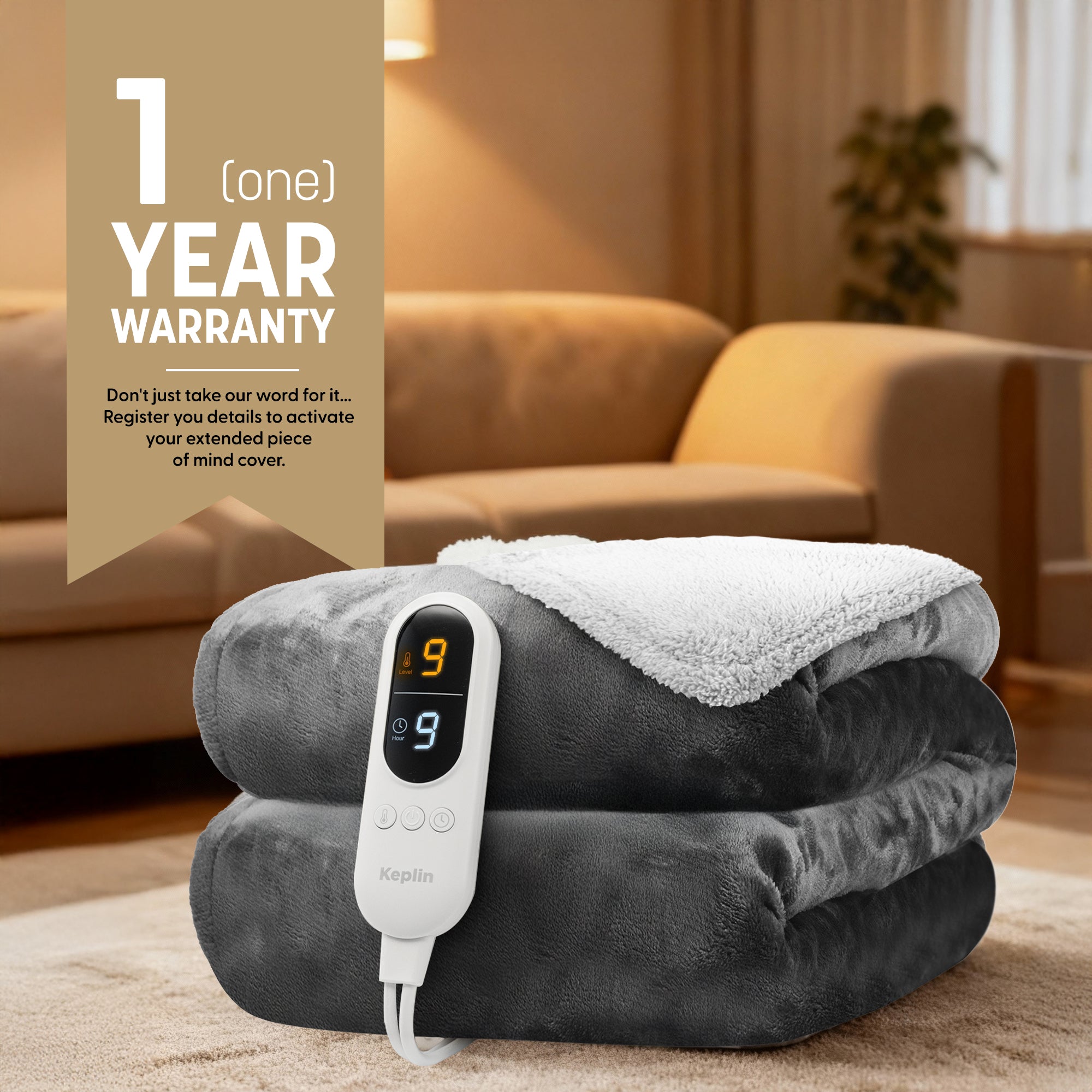 Electric Heated Throw Blanket - Machine Washable Fleece Wool Duvet, 9 Heat Settings & Timer, 1 Year Warranty