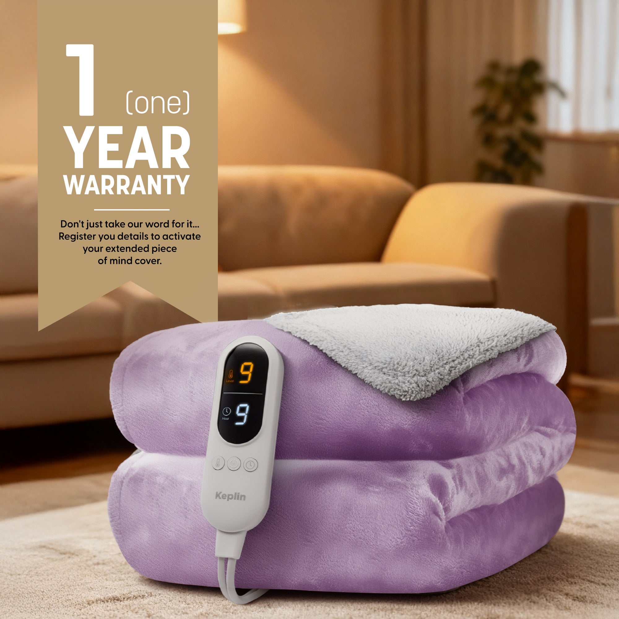 Electric Heated Throw Blanket - Machine Washable Fleece Wool Duvet, 9 Heat Settings & Timer, 1 Year Warranty