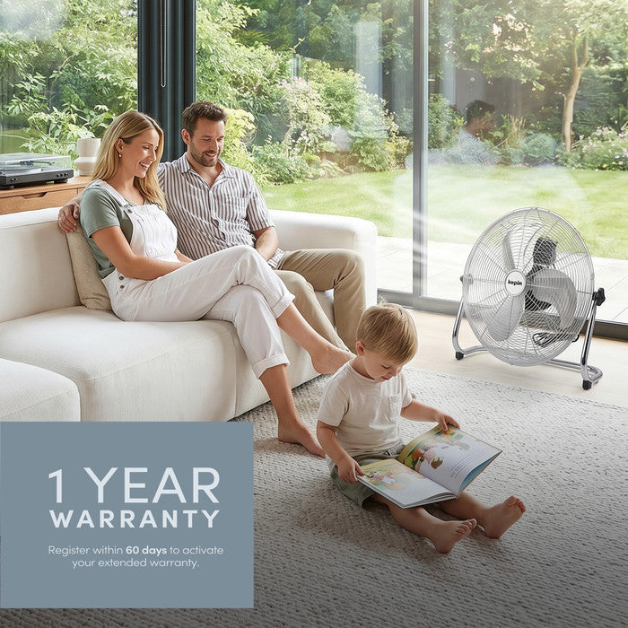 16 inch chrome floor fan in home office setting