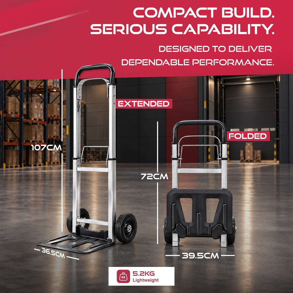 Haltons folding hand truck showing 107cm extended height and 72cm folded height and weighing 5.2kg