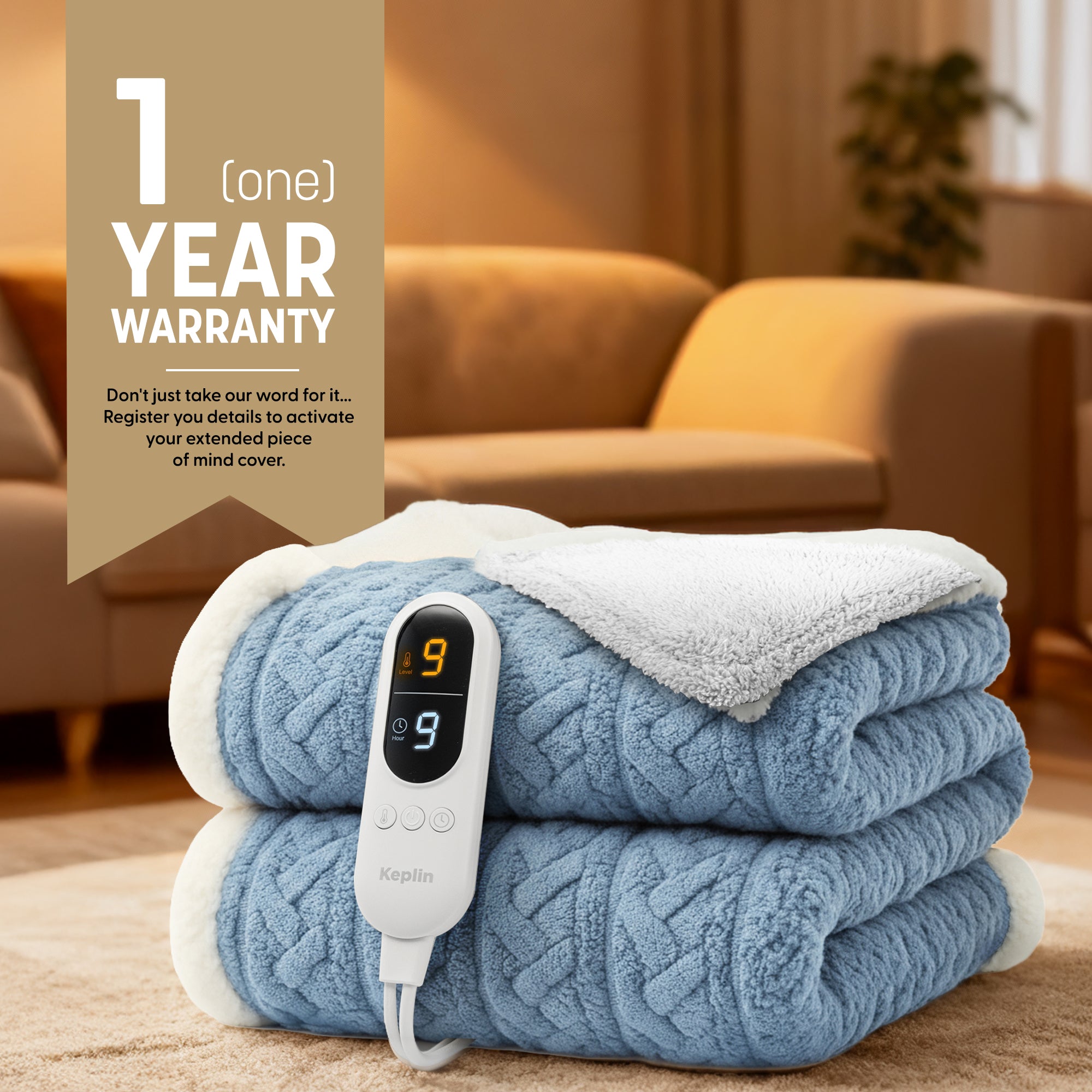 Electric Heated Throw Blanket - Machine Washable Fleece Wool Duvet, 9 Heat Settings & Timer, 1 Year Warranty