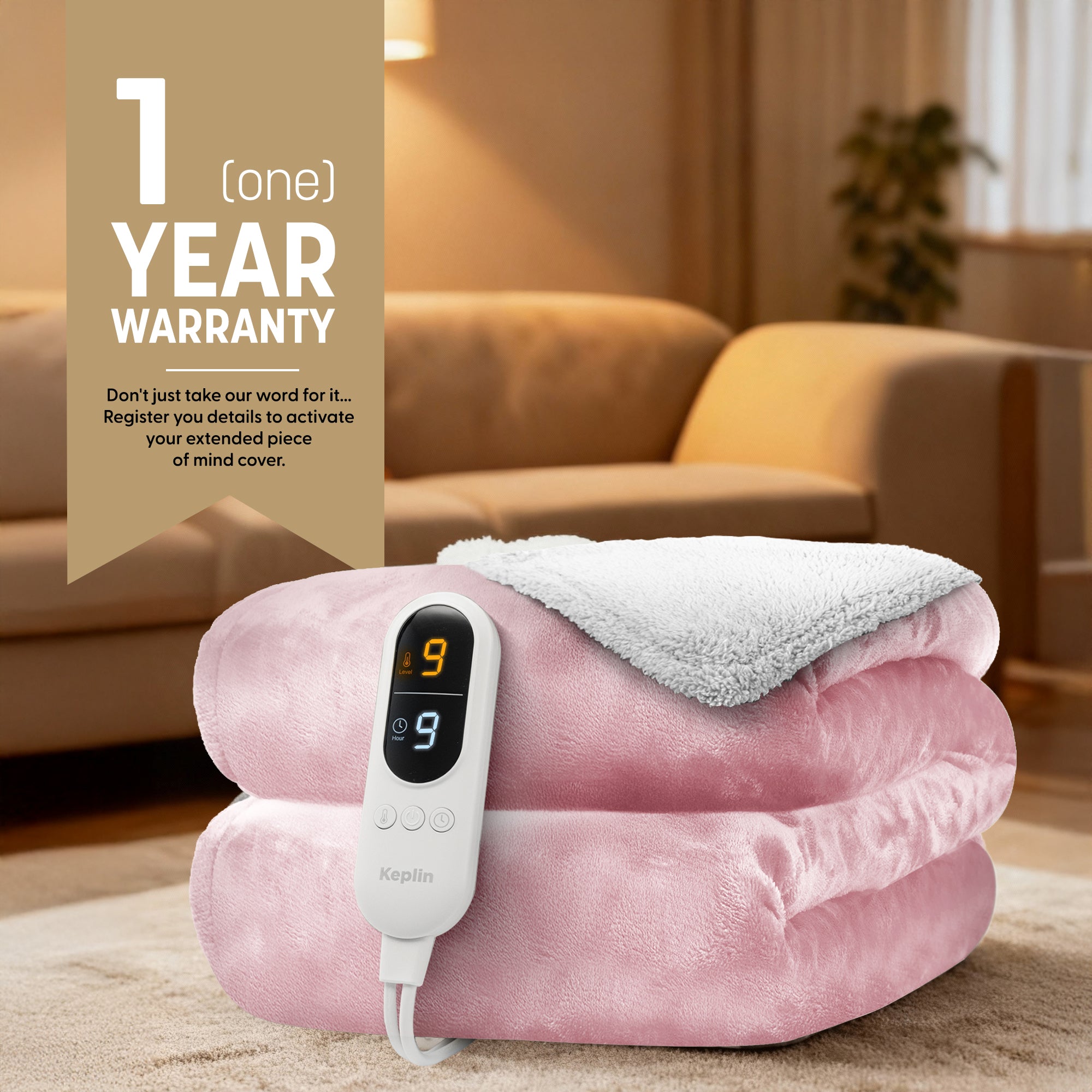 Electric Heated Throw Blanket - Machine Washable Fleece Wool Duvet, 9 Heat Settings & Timer, 1 Year Warranty