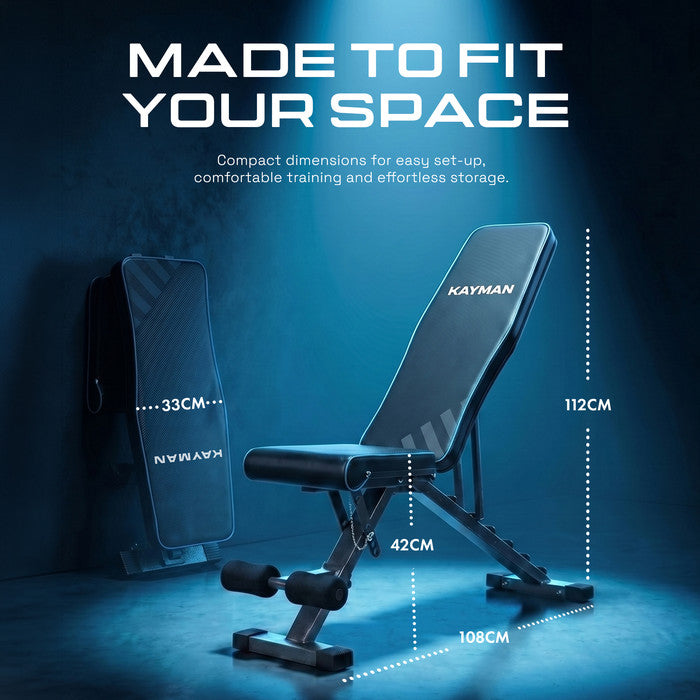 Kayman Adjustable Weight Bench - 6 Back Levels, 4 Seat Levels, 3 Leg Levels - Durable Steel, EPE Foam, PU - Foldable & Sturdy - Compact Home Gym Workout Bench (108x33x42-112 cm)