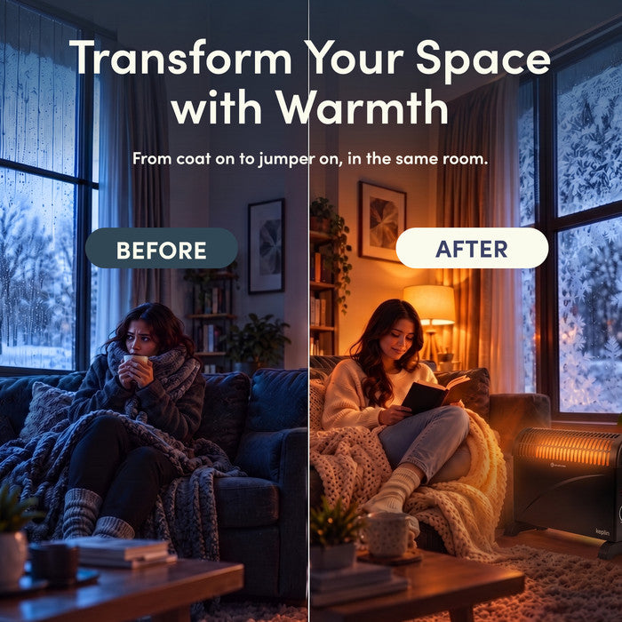 Before and after comparison of cold room versus warm room heated by black convector heater