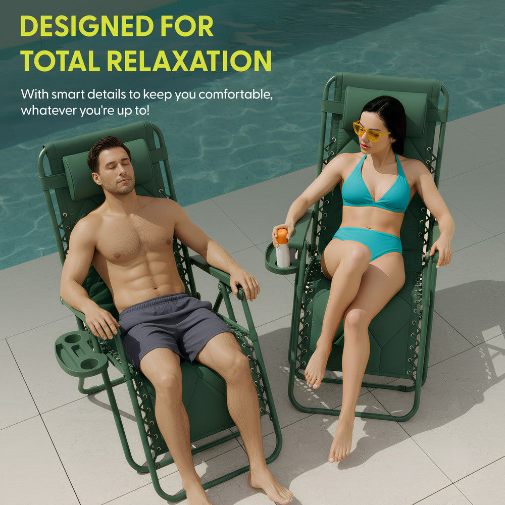 KEPLIN Set of 2 XXL Premium Heavy Duty Quilted Zero Gravity Chairs - Luxurious Garden Recliners, Adjustable Headrest, Cup & Phone Holder, Foldable, Easy to Clean Patio Sun Loungers