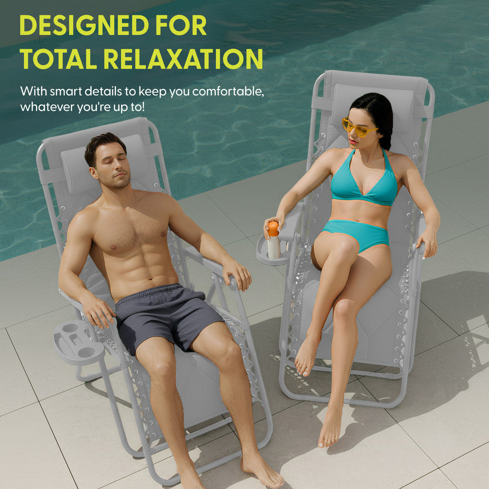 KEPLIN Set of 2 XXL Premium Heavy Duty Quilted Zero Gravity Chairs - Luxurious Garden Recliners, Adjustable Headrest, Cup & Phone Holder, Foldable, Easy to Clean Patio Sun Loungers