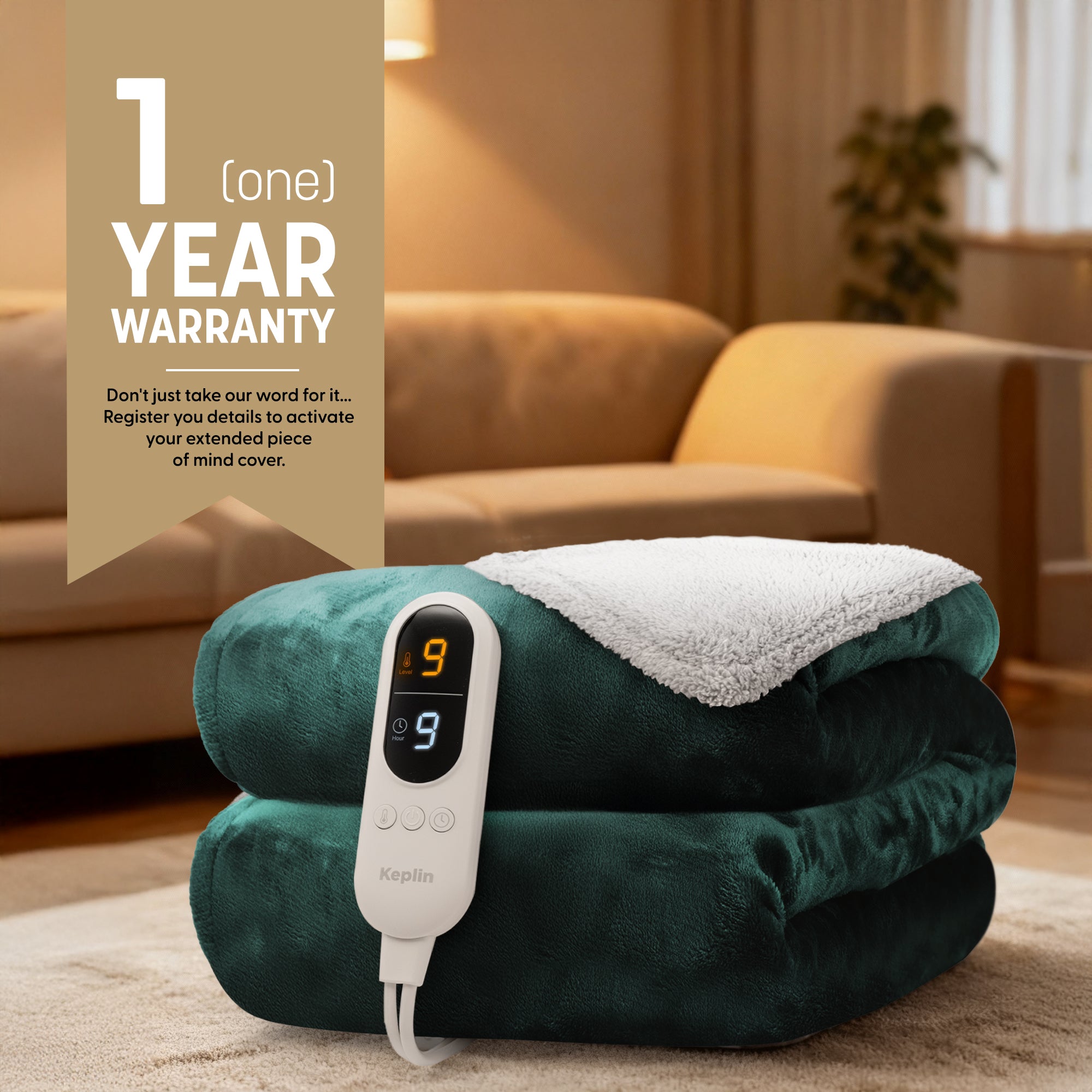 Electric Heated Throw Blanket - Machine Washable Fleece Wool Duvet, 9 Heat Settings & Timer, 1 Year Warranty