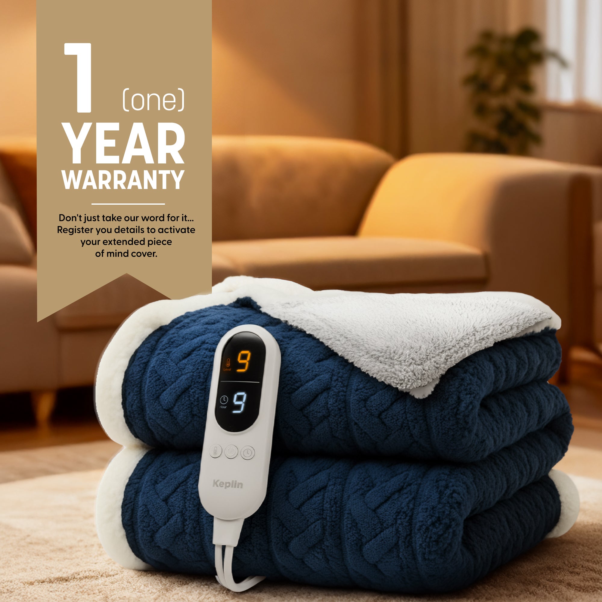 Electric Heated Throw Blanket - Machine Washable Fleece Wool Duvet, 9 Heat Settings & Timer, 1 Year Warranty