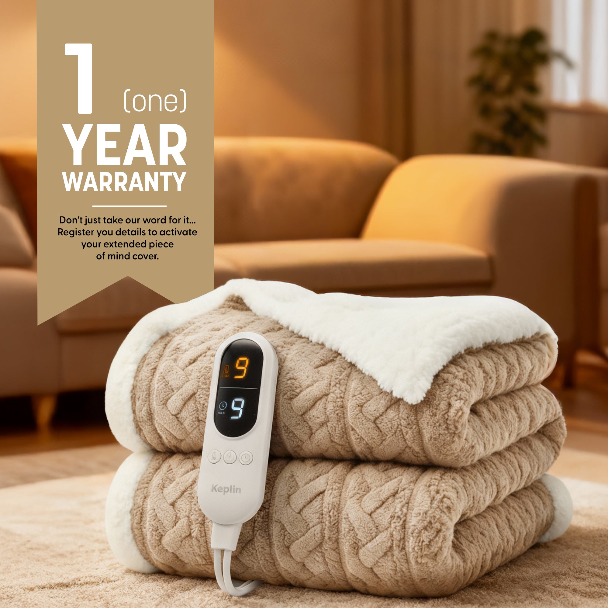 Electric Heated Throw Blanket - Machine Washable Fleece Wool Duvet, 9 Heat Settings & Timer, 1 Year Warranty