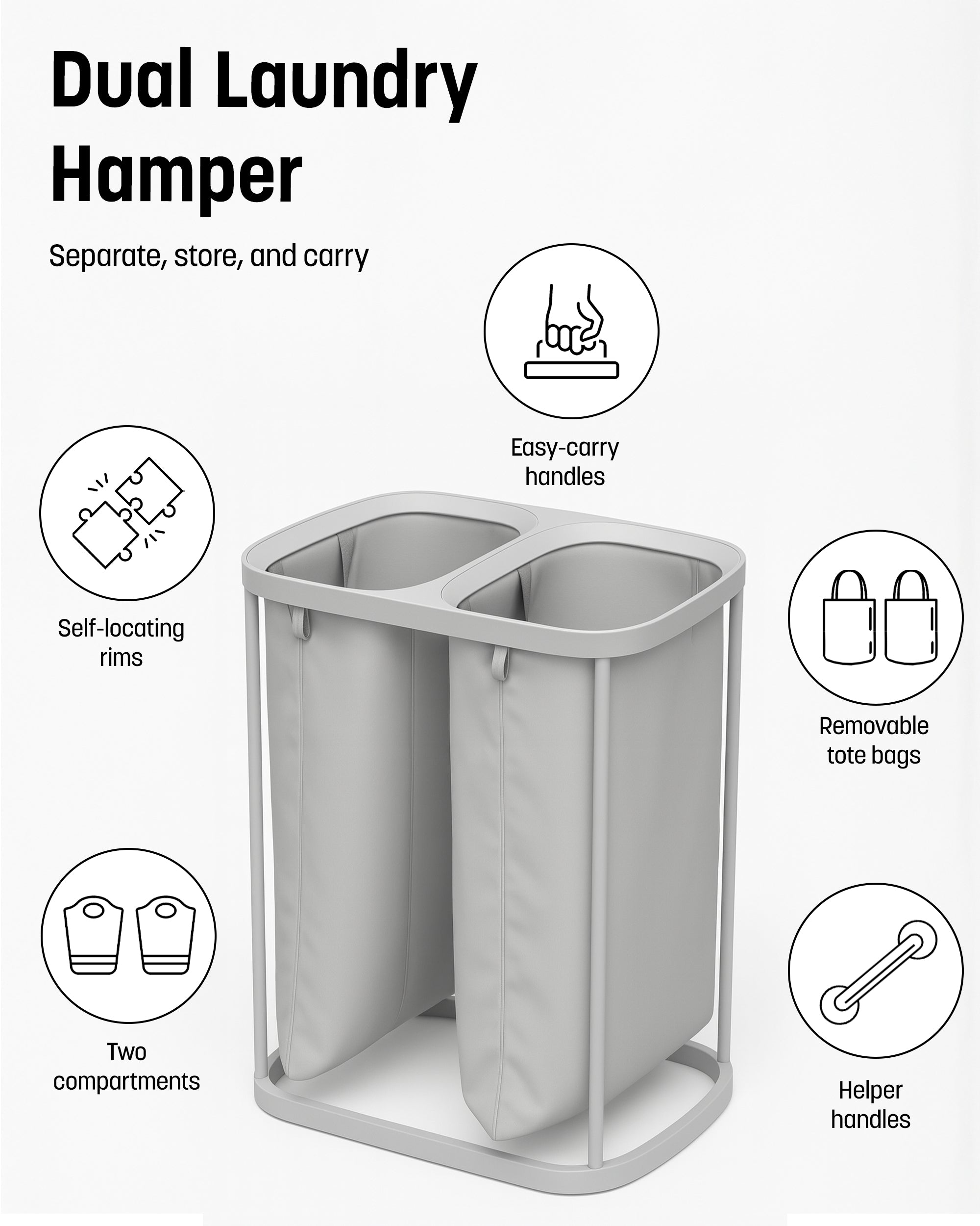 Keplin Collapsible Laundry Basket with Lid – 2 Section Clothes Sorter Hamper 150L – Large Fabric Washing Bin with Removable Liner, Handles & Bottom Strap – Foldable Grey Laundry Organizer 56x40x67cm