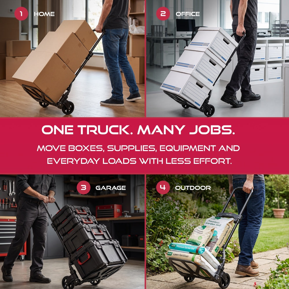 Haltons hand truck in four uses: boxes at home and in the office and tool cases in the garage and soil bags outdoors