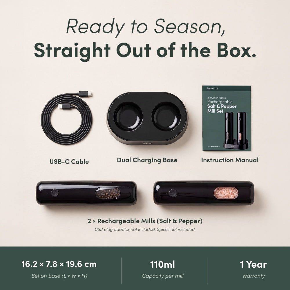 Box contents: two rechargeable mills and a dual charging base with USB-C cable and instruction manual