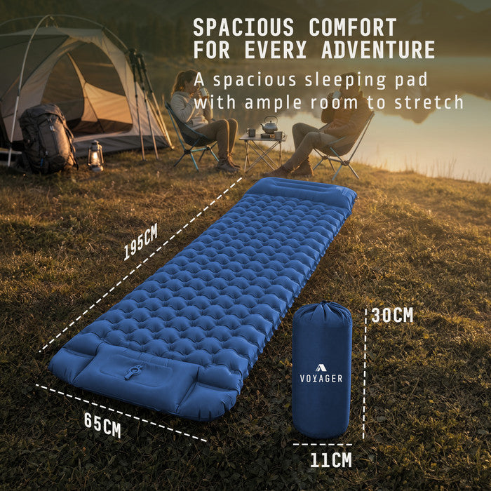Voyager blue inflatable camping mat 195x65cm inflated packs to 30x11cm