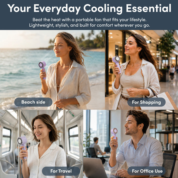 Lavender portable fan in use at beach, shopping, on the train and in the office