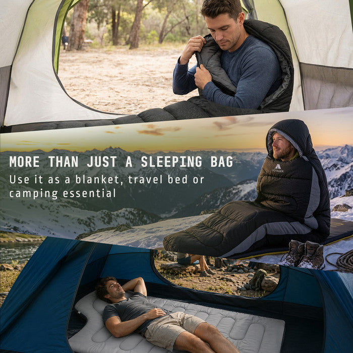 Black adults camping sleeping bag detail – 3-4 season lightweight compact polyester bag UK