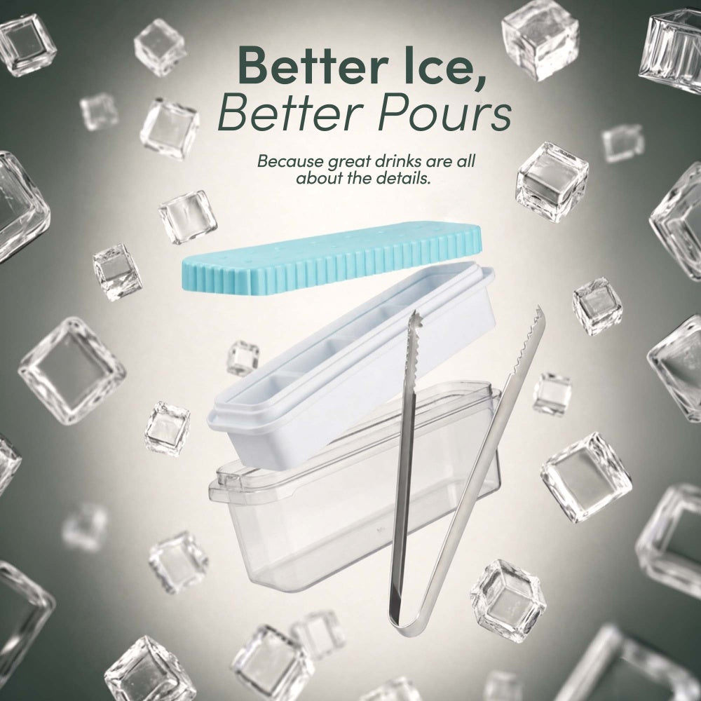 Exploded view of ice tray lid and tray and clear ice bin and steel tongs surrounded by ice cubes