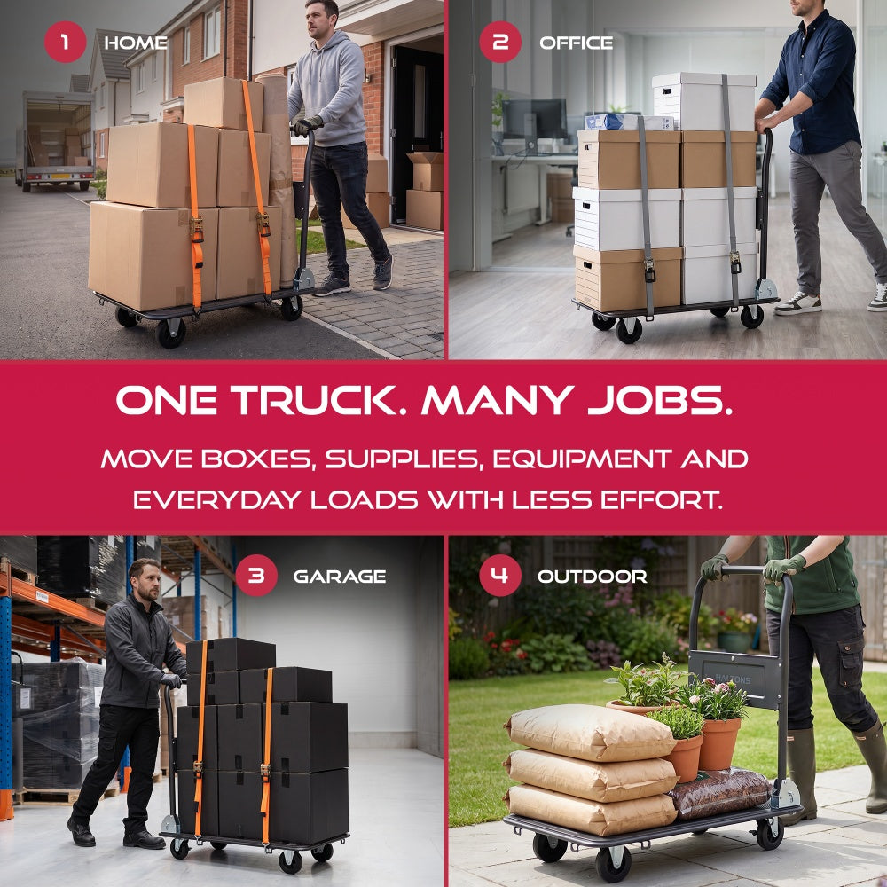 Haltons platform trolley in four uses: boxes at home and in the garage and the office and sacks and plants outdoors