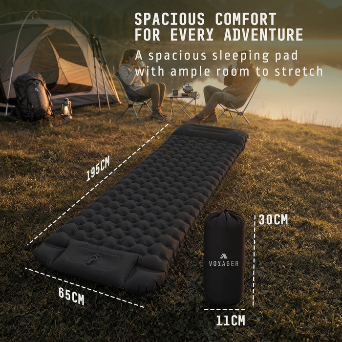 Voyager black inflatable camping mat 195x65cm inflated packs to 30x11cm